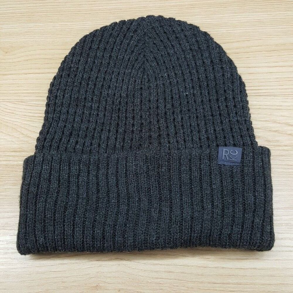 KENNETH COLE REACTION Mens Beanie Hat Grey Acrylic Knit Logo Stretch One Size